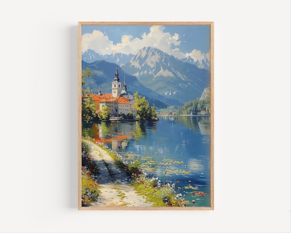 Lake Bled Slovenia Church Lakeside Mountains Oil Painting Poster