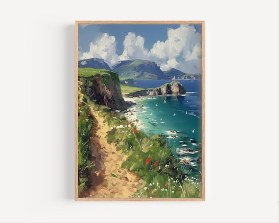 Cliffside Wildflower Trail Overlooking Turquoise Sea Oil Poster