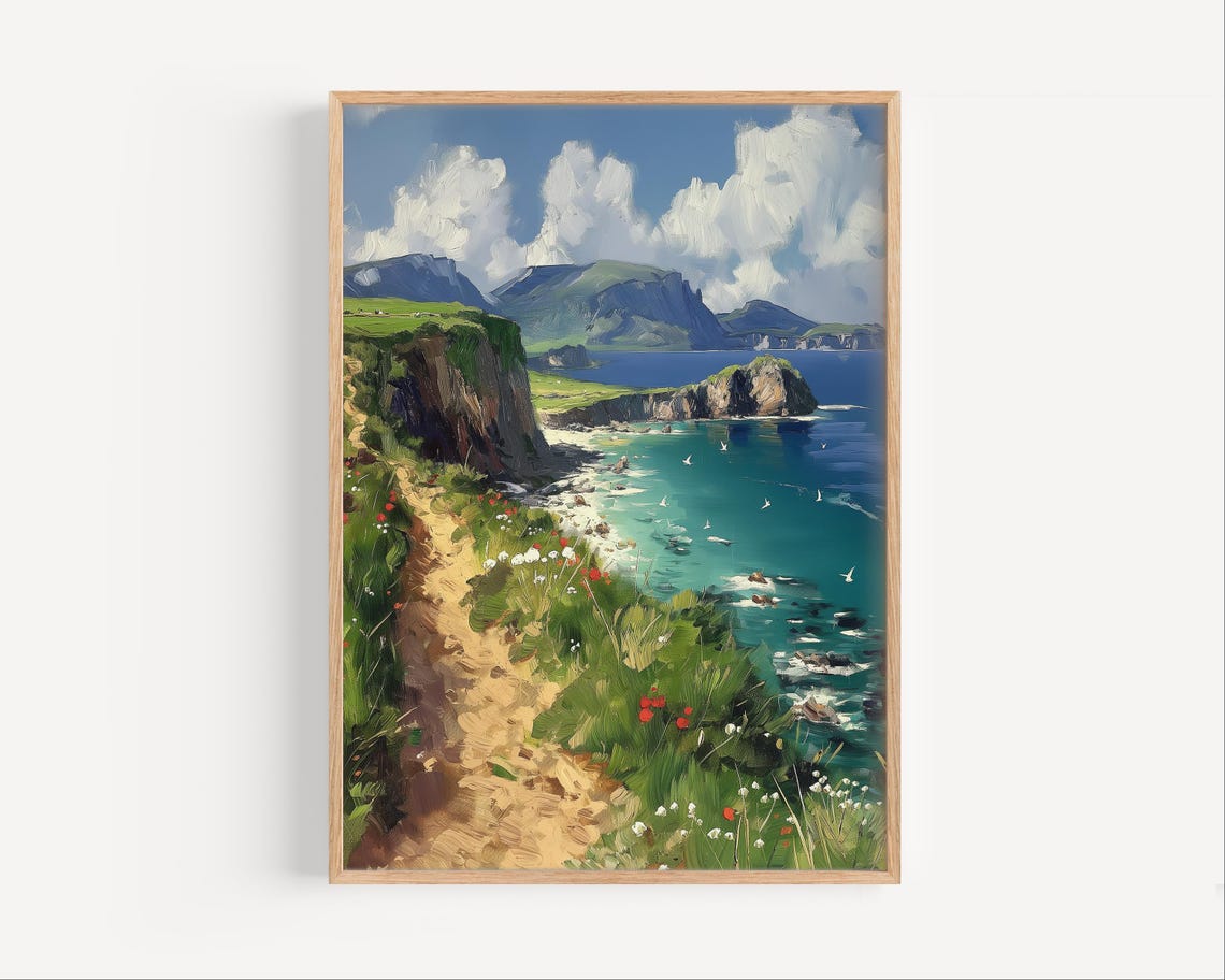 Cliffside Wildflower Trail Overlooking Turquoise Sea Oil Poster