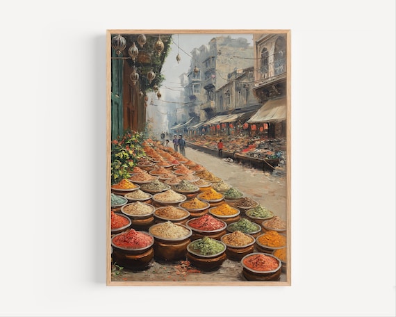 Colorful Spice Market Street Bowls Old World Bazaar Art Poster