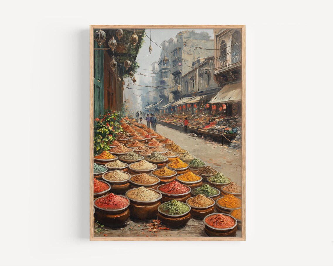 Pakistan Spice Market Oil Painting Poster Or Canvas Print Old City Wall Art Gift Pakistani Bazar Street