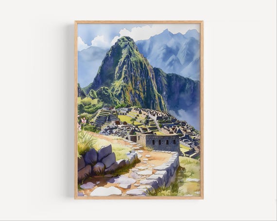 Machu Picchu Watercolor Painting Peru Poster Print Or Canvas Travel Artwork Wall Art Gift Historic Sanctuary Souvenir Historical