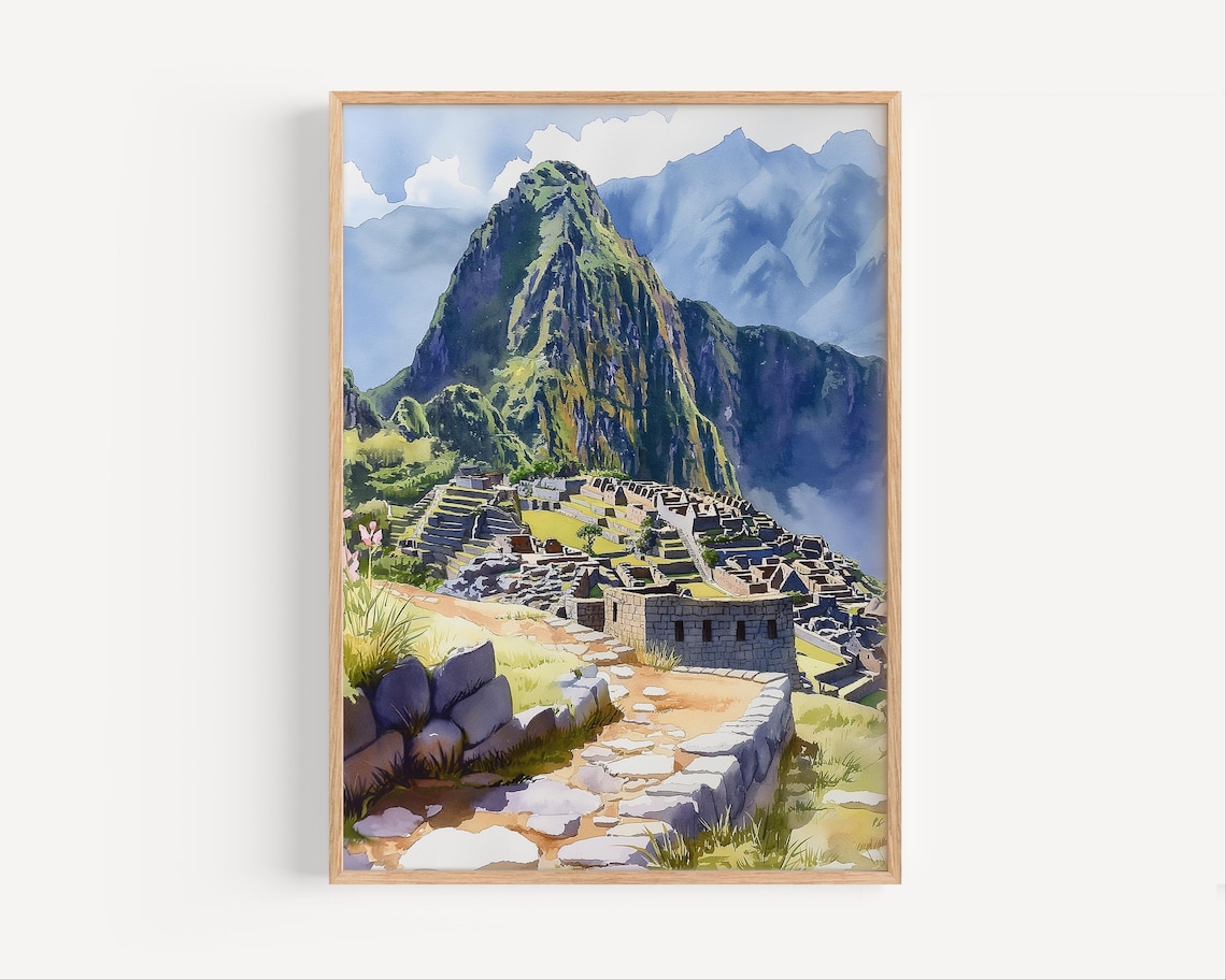 Machu Picchu Peru Ancient Inca Ruins Mountain Watercolor Art Poster