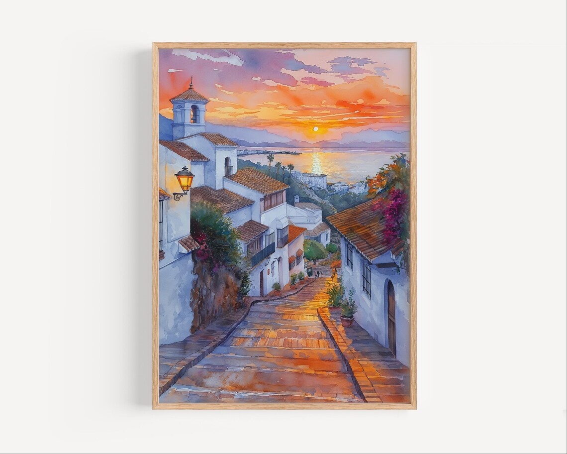Estepona Sunset Spain Watercolor Coastal Church Tower Poster