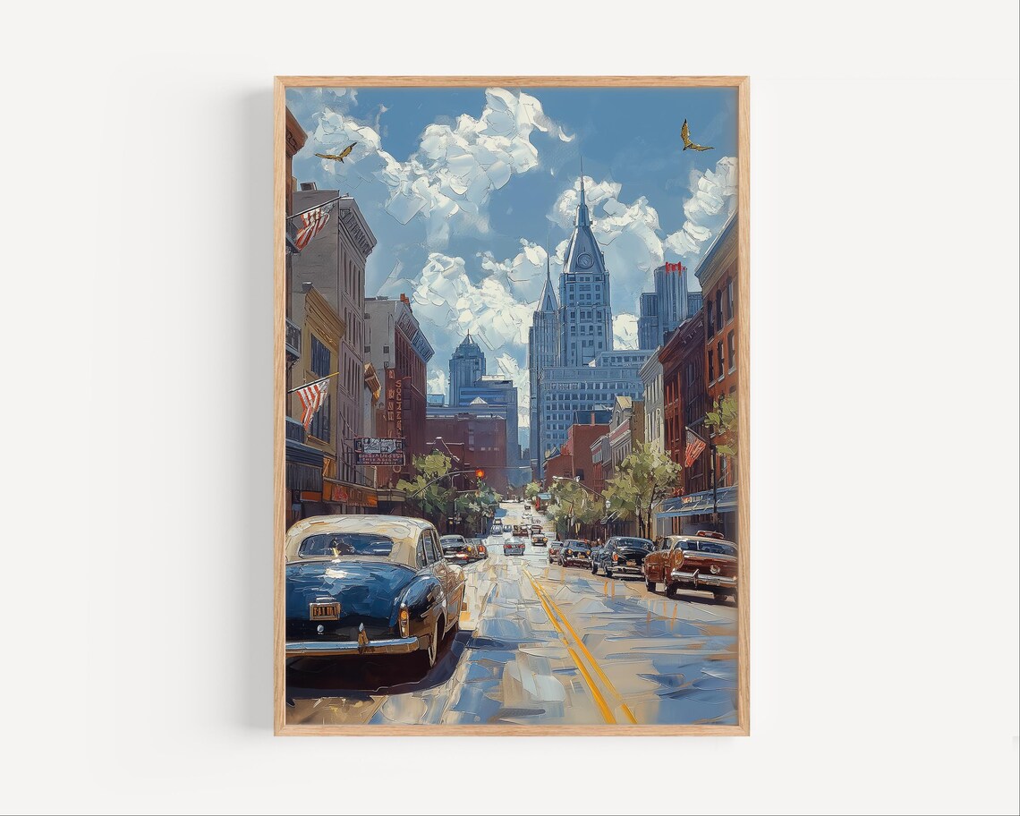 Classic Cars on Sunny City Street American Oil Painting Poster