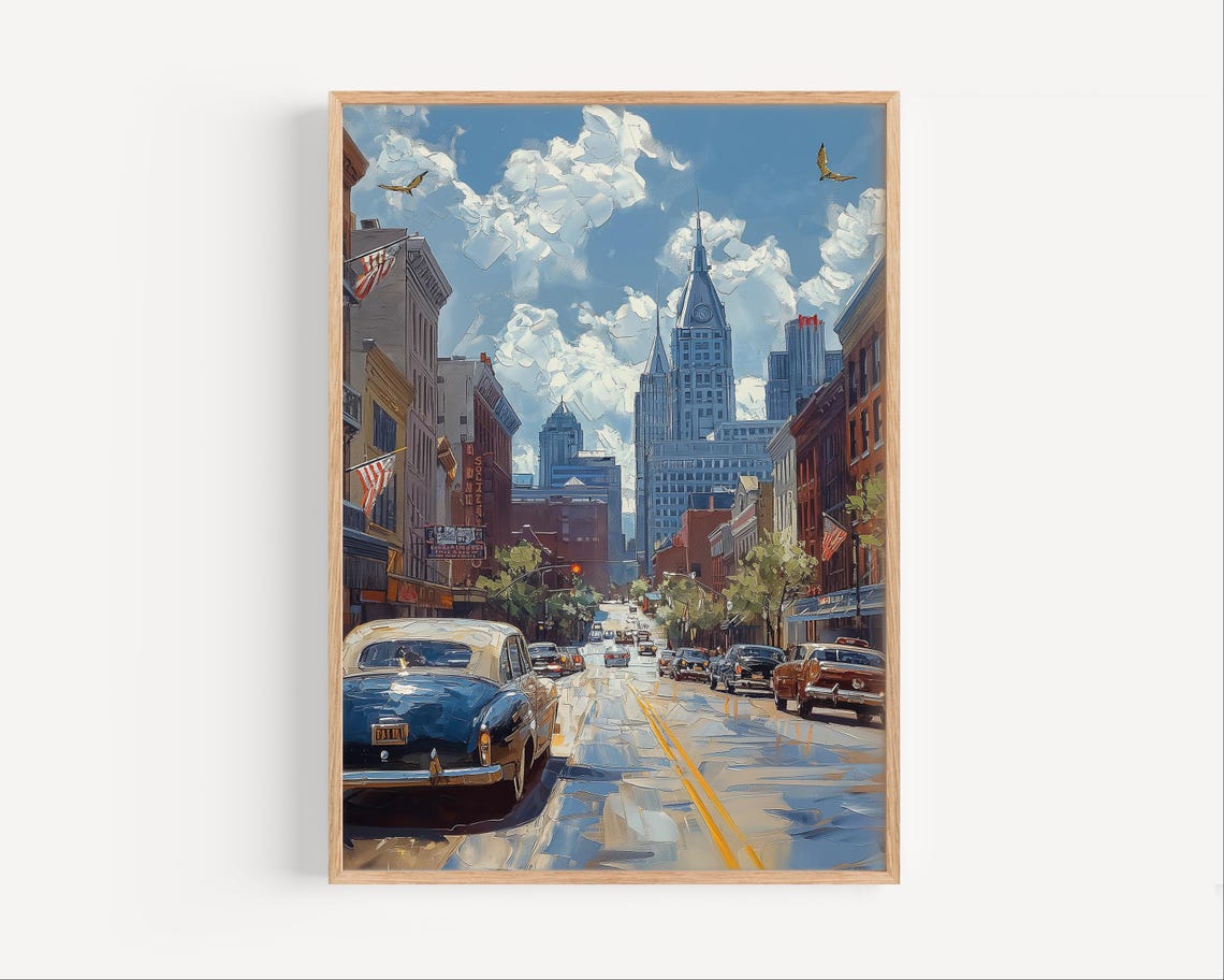 Nashville In The 1950s Retro Oil Painting Gicle Print Travel Poster Or Canvas Classic Cars 50s Paint Style Art Gift