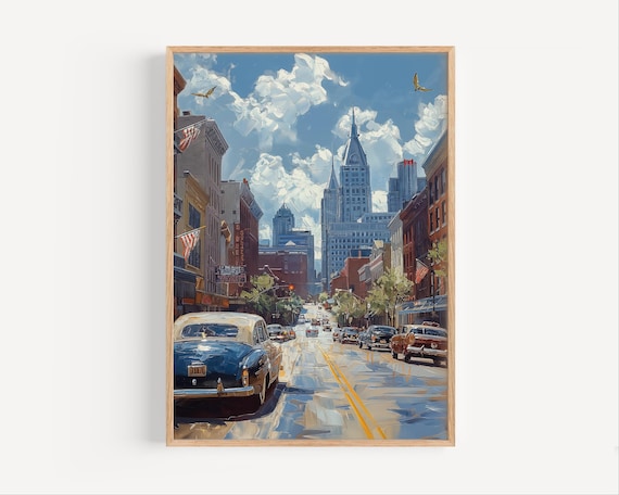 Classic Cars on Sunny City Street American Oil Painting Poster