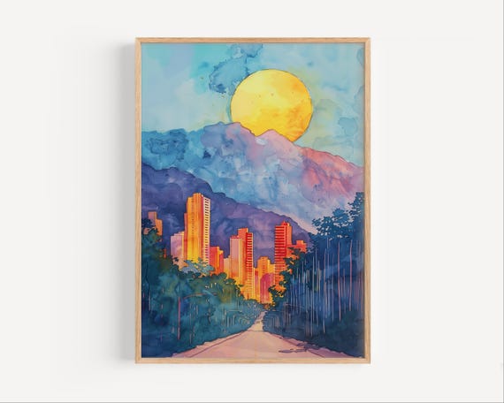 Caracas Venezuela Sunset Watercolor Painting Wall Art Poster Print Or Canvas Artwork Abstract Travel Home Decor