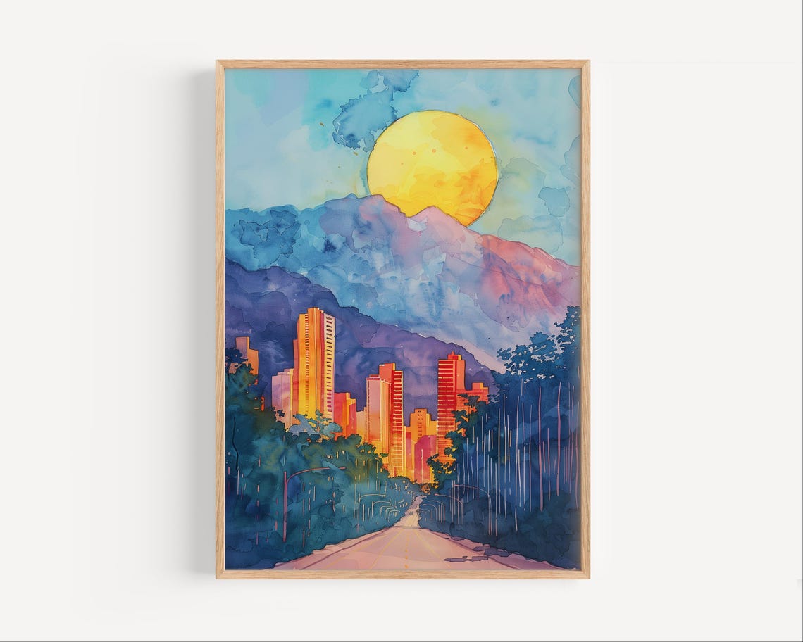 City Skyline Sunset Watercolor Painting Urban Mountain View Wall Art