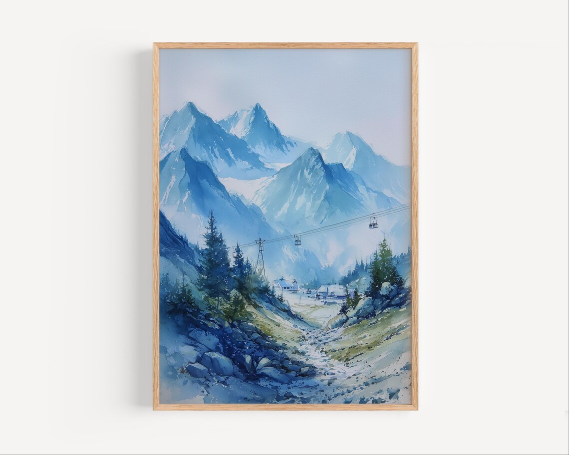 Swiss Alps Snowy Peaks Gondolas Watercolor Mountain Landscape Poster