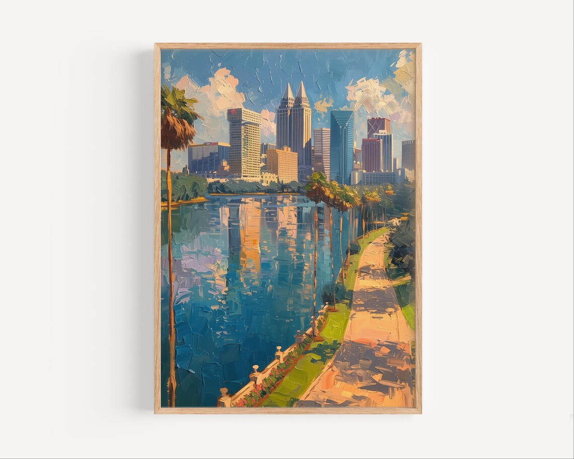 Orlando Florida Downtown Skyline Lake Oil Painting Cityscape Poster
