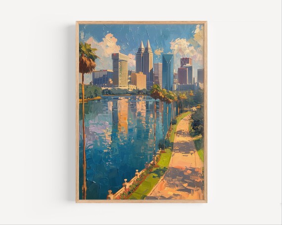 Orlando Florida Downtown Skyline Lake Oil Painting Cityscape Poster