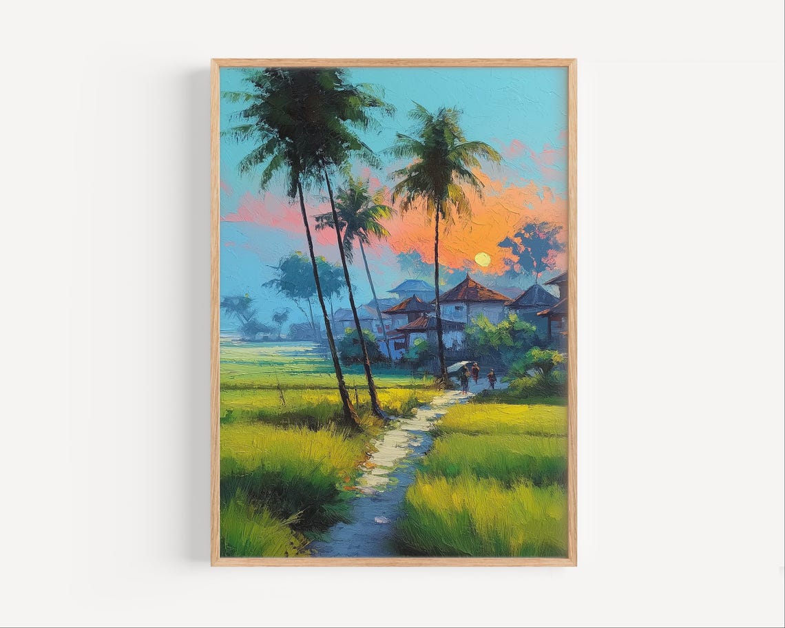 Tropical Village Sunset Palm Trees Rice Field Bali Painting Poster