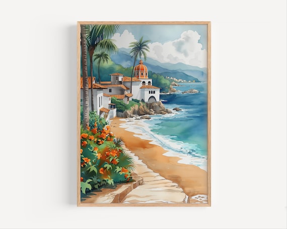 Puerto Vallarta Orange Dome Church Beachfront Watercolor Scene Poster
