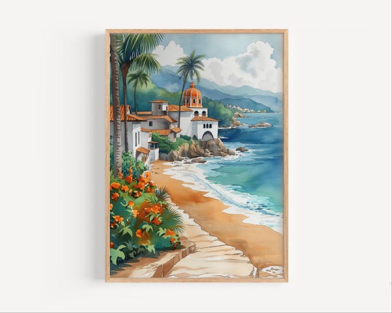 Puerto Vallarta Watercolor Painting Mexico Travel Poster Or Canvas Print Wall Art Gift Beach