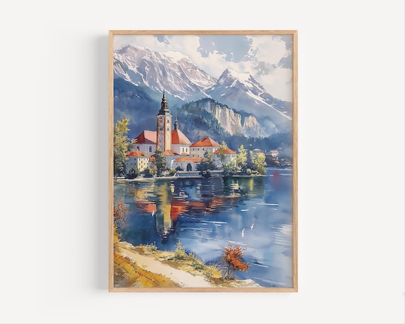 Lake Bled Slovenia Watercolor Church Reflection Mountain Poster