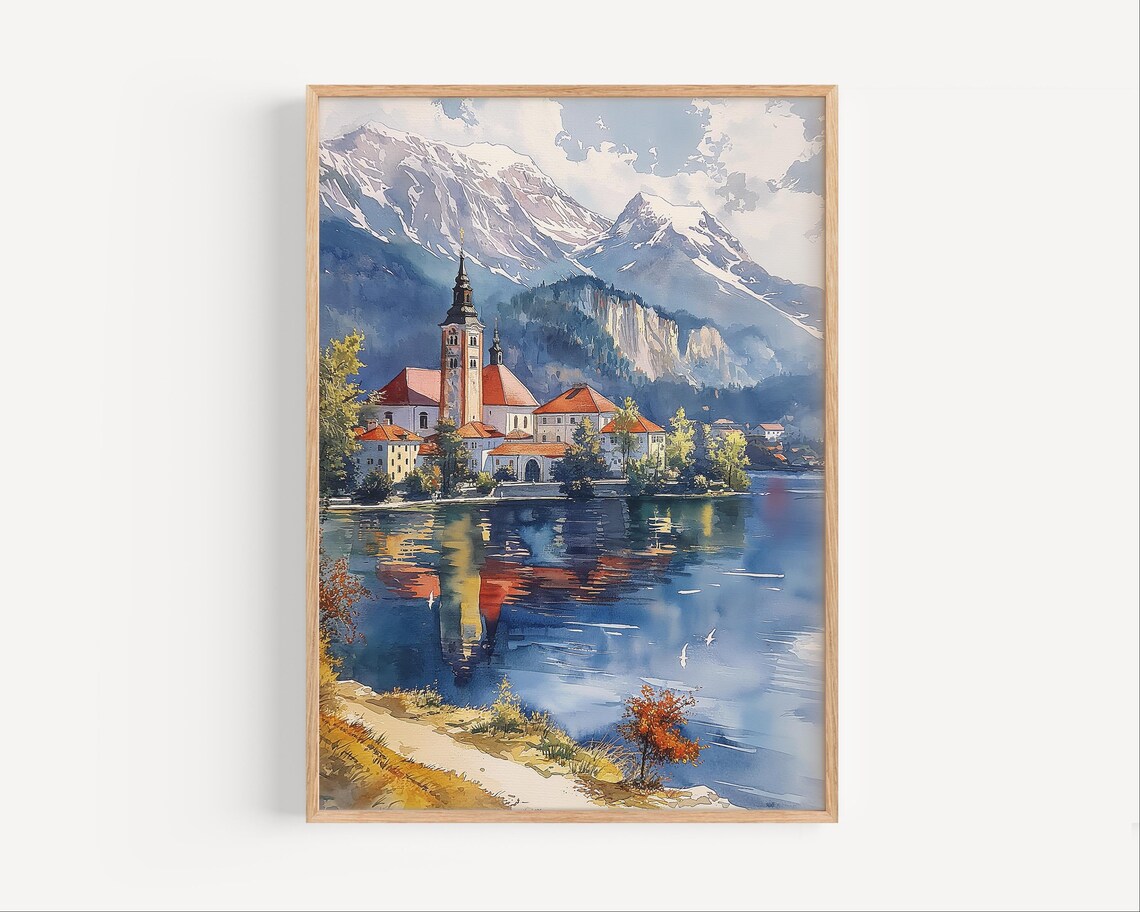 Lake Bled Slovenia Watercolor Church Reflection Mountain Poster