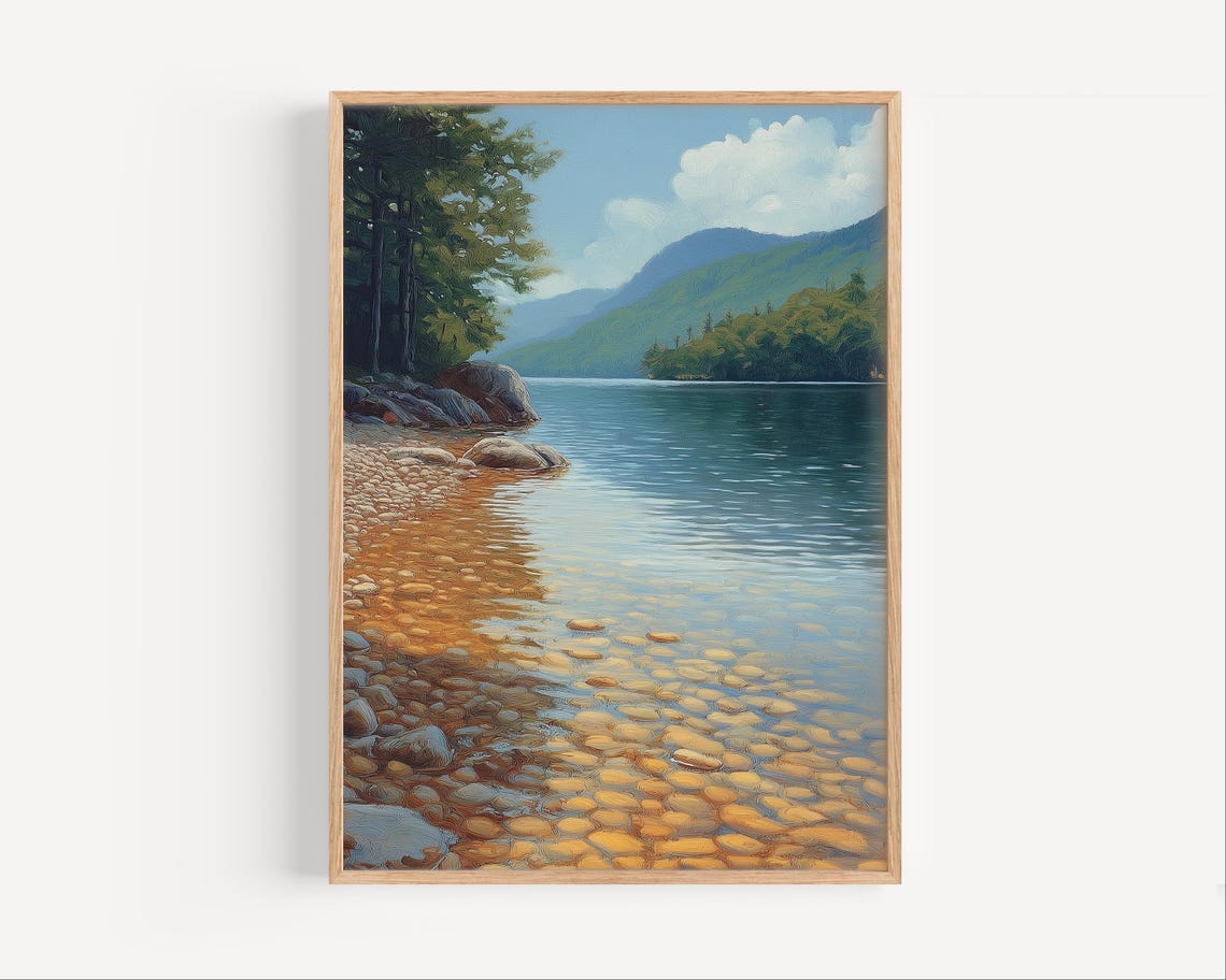 Golden Pebble Lakeshore with Mountains and Pines Landscape Poster