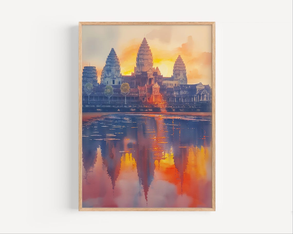 Angkor Wat Sunset Watercolor Reflection Cambodia Temple Poster