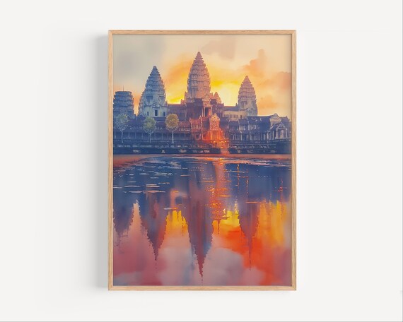 Ankor Wat Temple Cambodia Sunset Watercolor Painting Buddhist Travel Poster Print Or Canvas Artwork Wall Art Gift Asia Souvenir