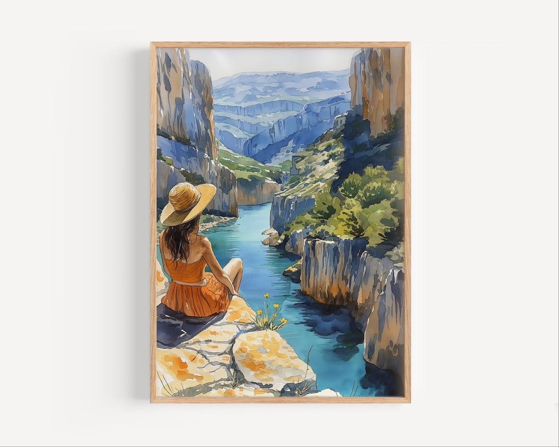 Verdon Gorge Watercolor Painting France Azure Region River Travel Poster Print Or Canvas Wall Art French Decor Gift