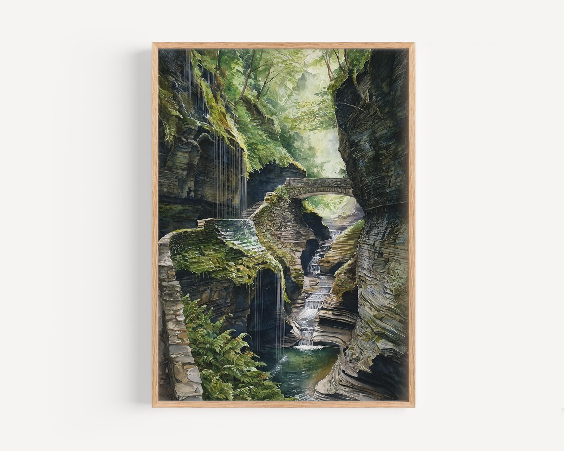 Mossy Gorge Stone Bridge Waterfall Ferns Lush Green Nature Decor Poster