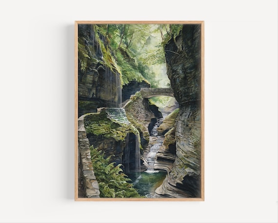 Mossy Gorge Stone Bridge Waterfall Ferns Lush Green Nature Decor Poster