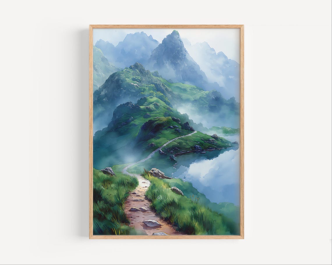Mountain Lake Trail Misty Watercolor Landscape Green Alpine Poster