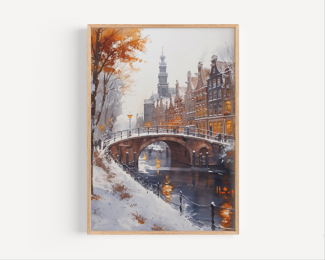 Amsterdam Snowy Canal Watercolor Winter Europe Travel Poster