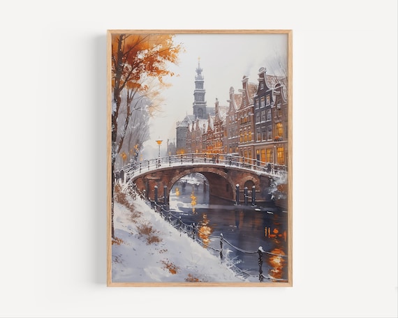 Amsterdam Snowy Canal Watercolor Winter Europe Travel Poster