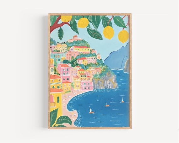 Sorrento Italy Pastel Mediterranean Coastal Town Travel Poster