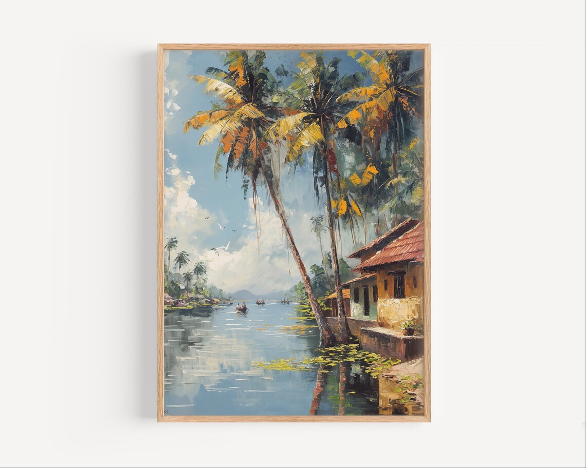 Tropical Palm Backwater Canal Riverside Cottage Oil Painting Poster