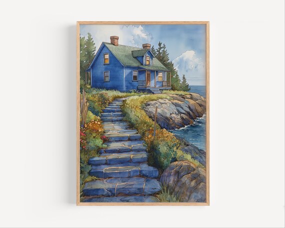 Blue Cottage By The Sea With Stone Steps Coastal Watercolor Poster