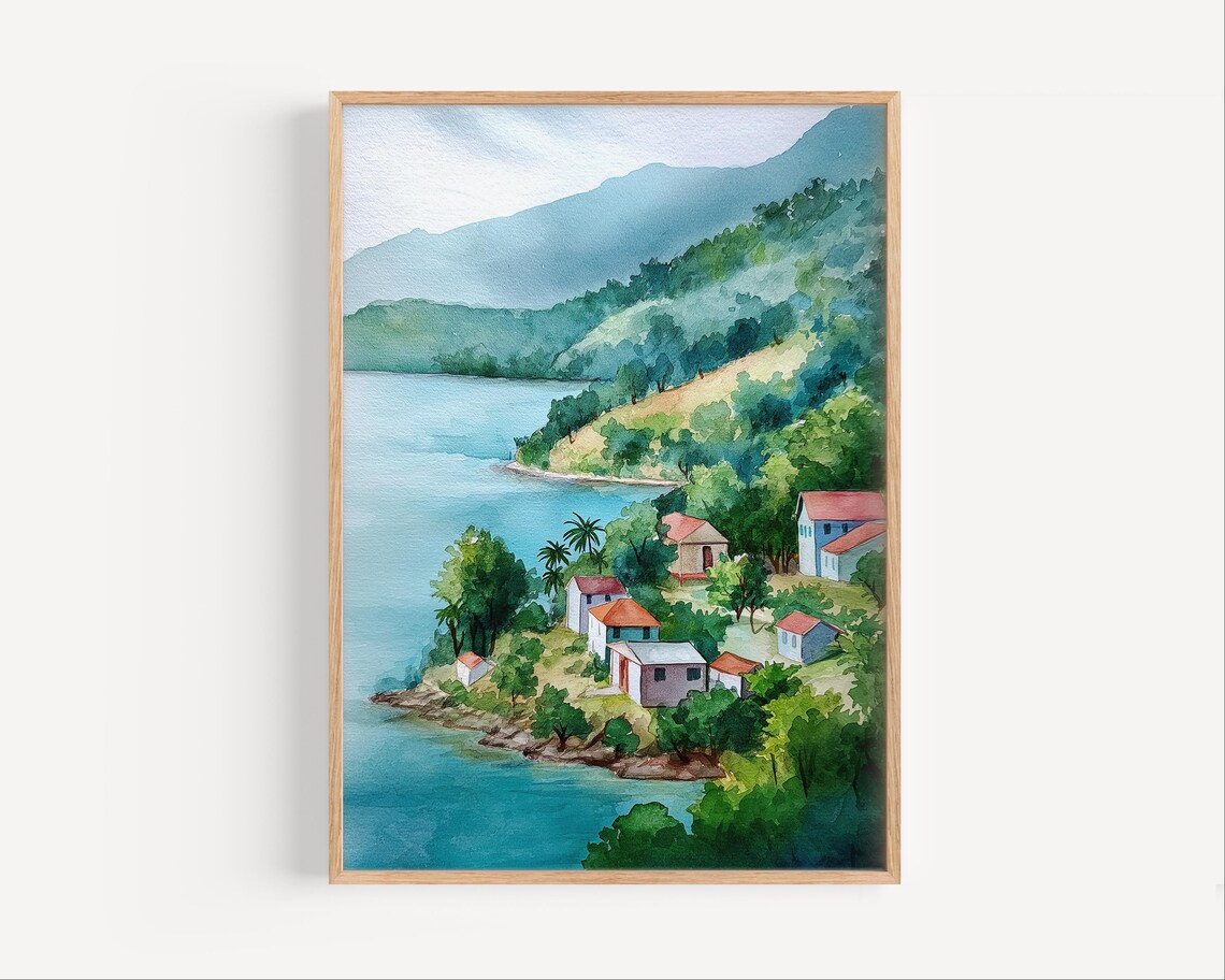 Caribbean Coastal Village Watercolor With Green Hills Bay Poster