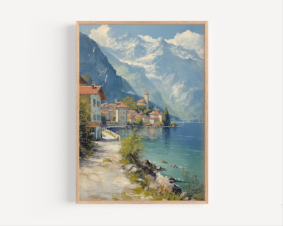 Interlaken Switzerland Lakeside Village Mountain Oil Painting Poster