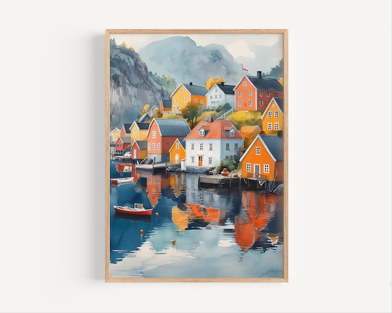 Stavanger Norway Harbor Colorful Houses Reflections Fjord Watercolor Poster