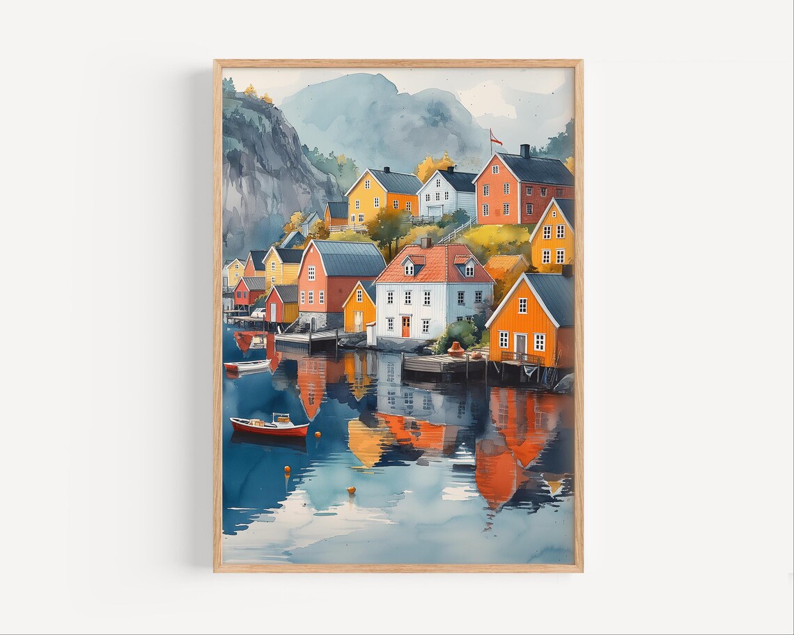 Stavanger Norway Harbor Colorful Houses Reflections Fjord Watercolor Poster