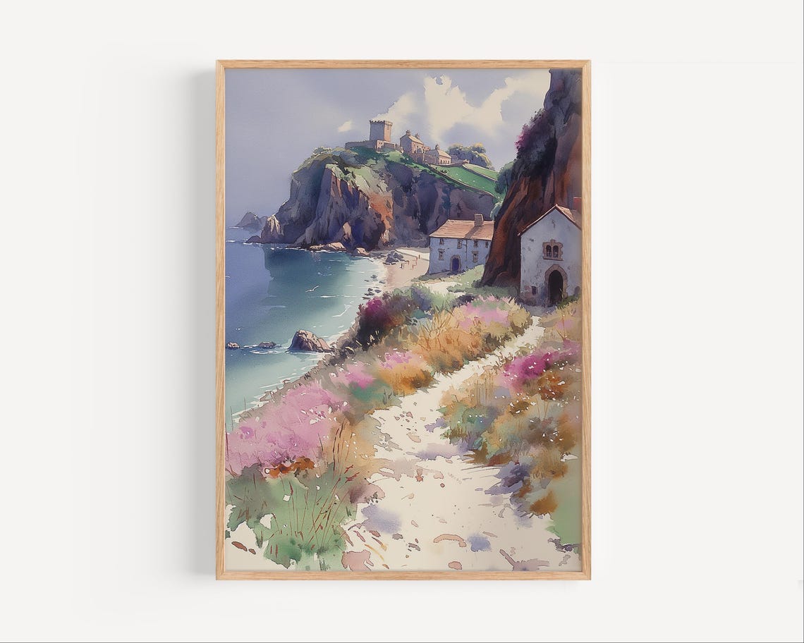 Cornwall Cliff Castle Ruins Coastal Path Watercolor England Poster