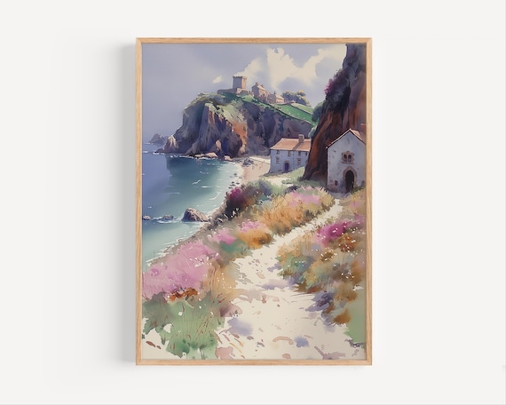 Cornwall Cliff Castle Ruins Coastal Path Watercolor England Poster