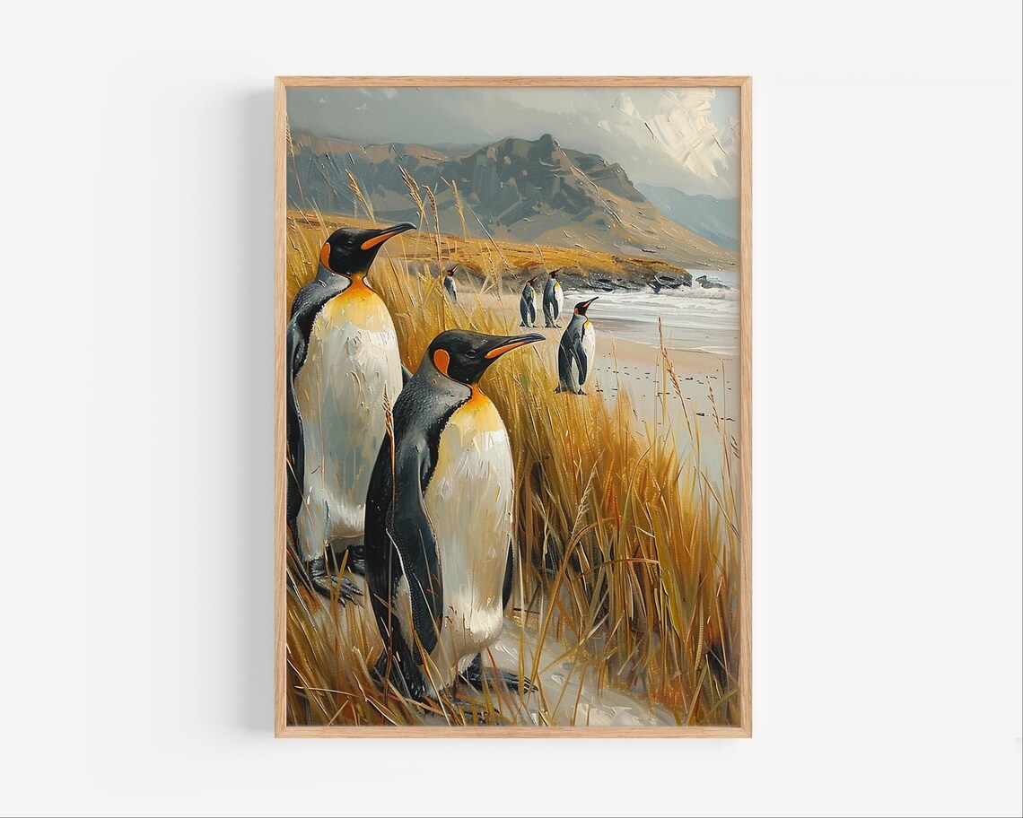 King Penguin Colony Beach Grass Oil Painting Wildlife Poster