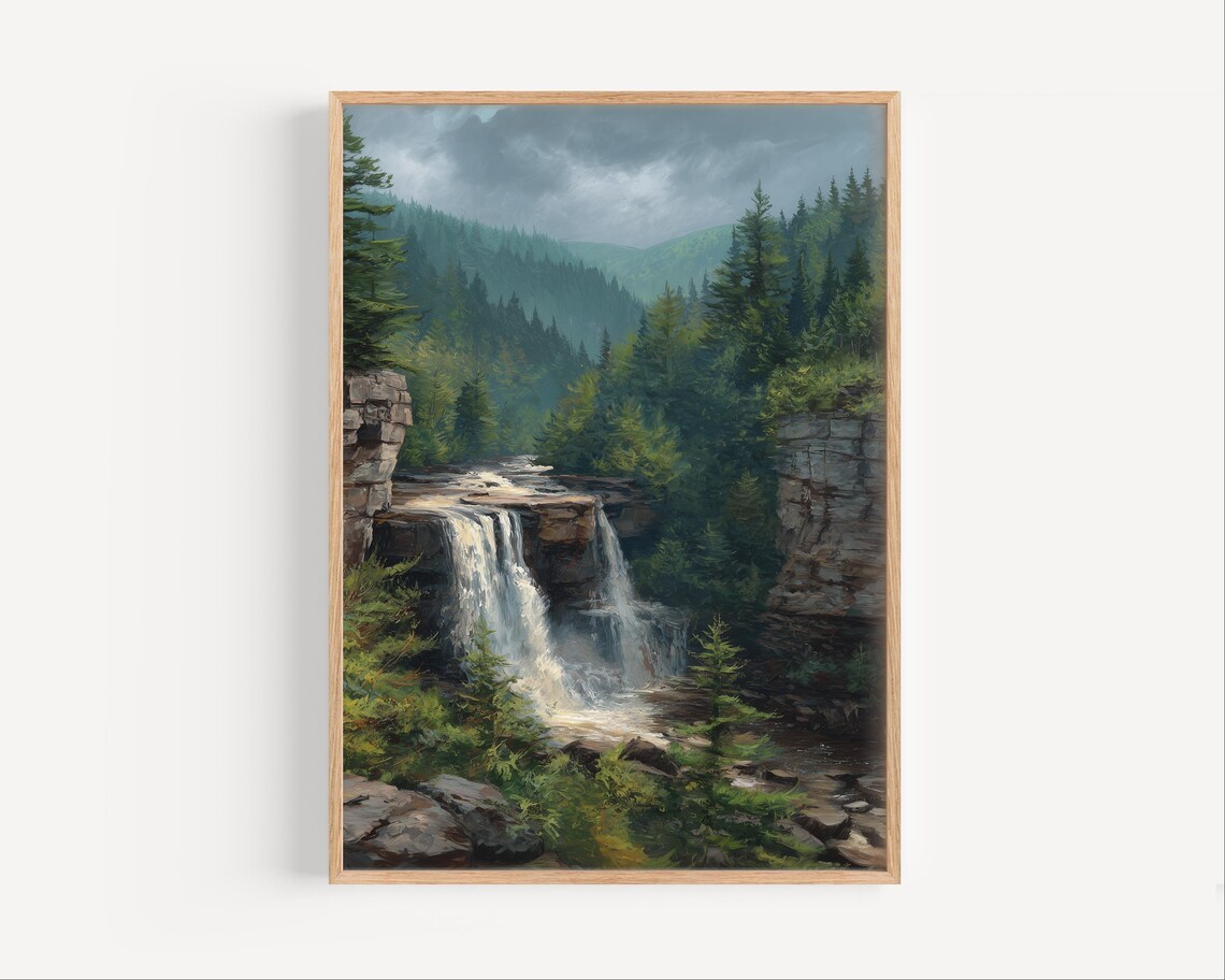Blackwater Falls West Virginia Oil Painting Waterfall Pines Poster