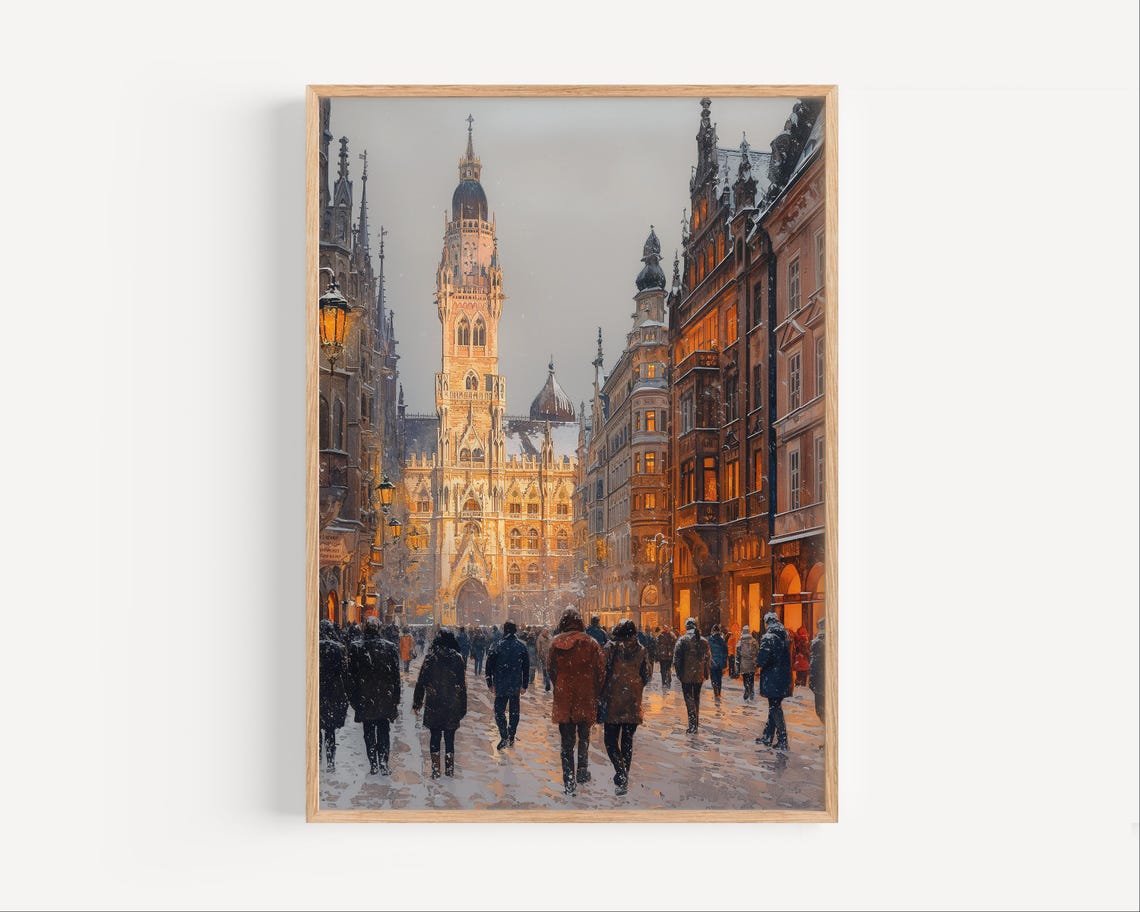 Munich Old Town Hall Snowy Winter Evening Crowd Warm Lights Poster