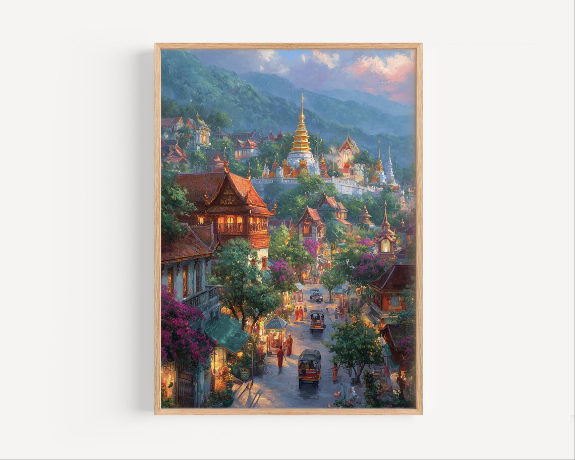Golden Thai Temple Town Dusk Street Tuk Tuks Lanterns Travel Decor Poster