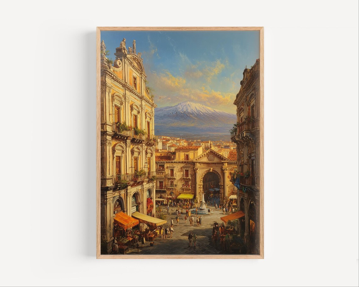 Catania Sicily Baroque Old Town Street Mount Etna Oil Painting Poster