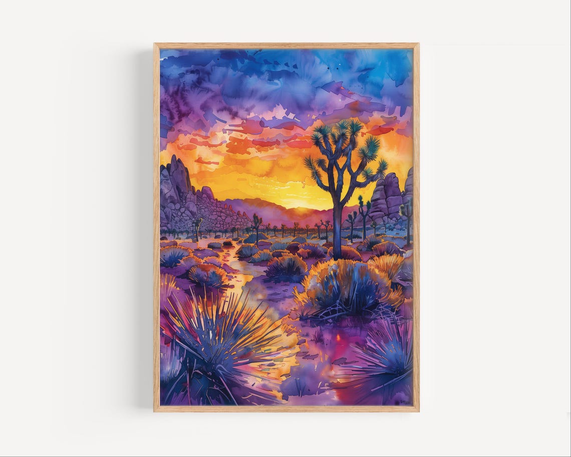 Joshua Tree National Park Desert Sunset Watercolor Cactus Poster