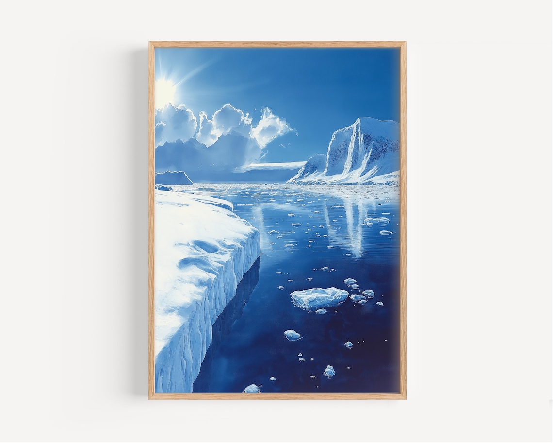 Antarctica Watercolor Travel Poster, Iceberg Landscape