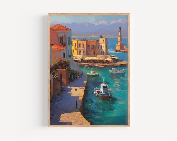 Chania Crete Old Harbor Lighthouse Turquoise Water Greece Travel Poster