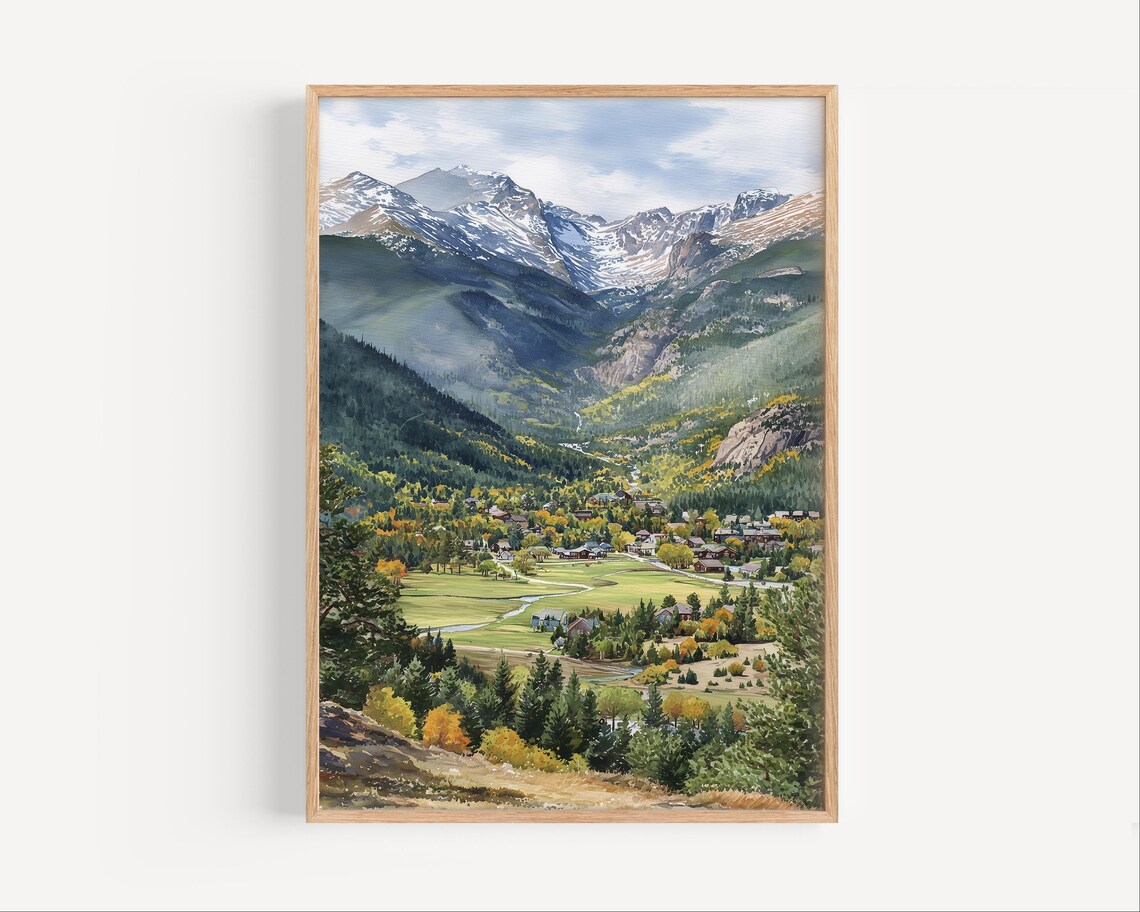 Snowy Mountain Valley Autumn Village Stream Watercolor Landscape Decor Poster