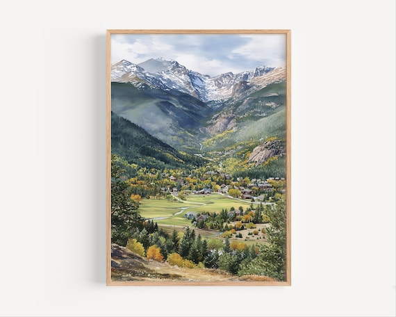 Snowy Mountain Valley Autumn Village Stream Watercolor Landscape Decor Poster