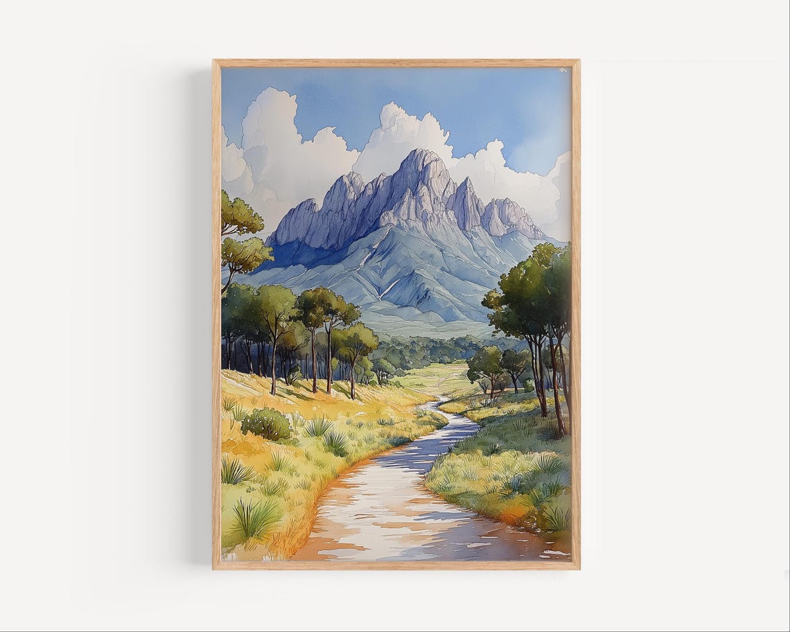 Guadalupe Mountains Texas Stream Meadow Valley Watercolor Art Poster